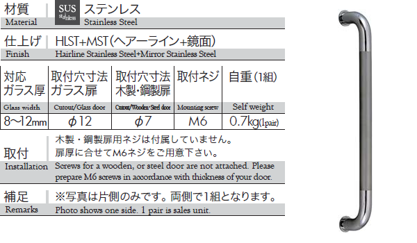 ステンレス（ヘアライン+鏡面）バーハンドル 建築資材